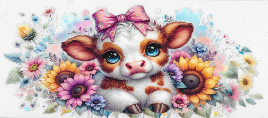 Cow With Pink Bow & Flowers