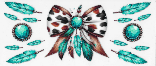 Cow Print & Turquoise Bow With Feathers