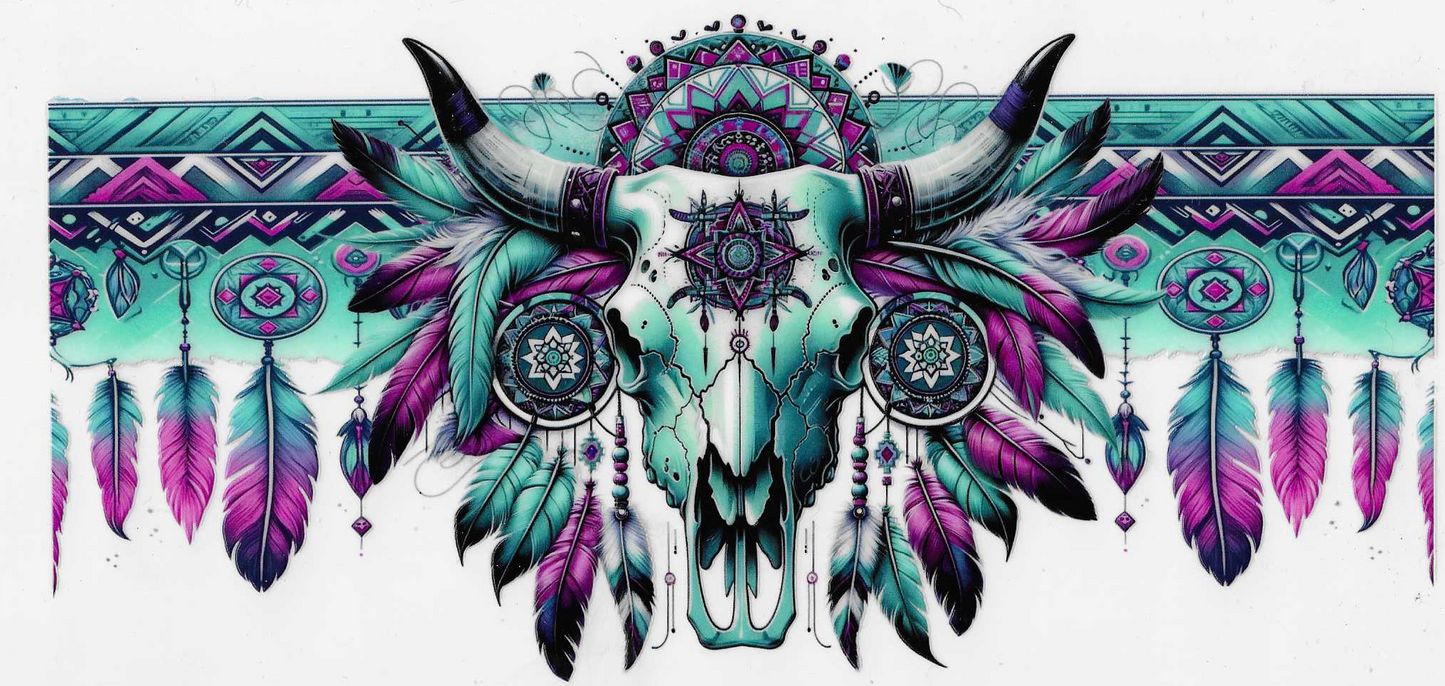 Teal & Purple Bull Skull With Feathers