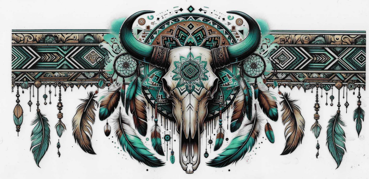 Teal Bull Skull With Teal Feathers